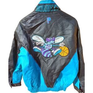 Charlotte Hornets 90s PRO PLAYER varsity LEATHER jacket S black teal NBA vintage